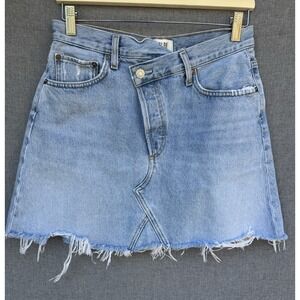 Agolde Criss Cross Denim Skirt 27 Blue Distressed Frayed Hem Organic Cotton